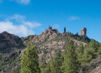 Fototapeta na wymiar View of Roque Nublo rock formation in inland central mountains from famoust Gran Canaria hiking trail. Green pine trees and blue sky background. Canary Islands, Spain.
