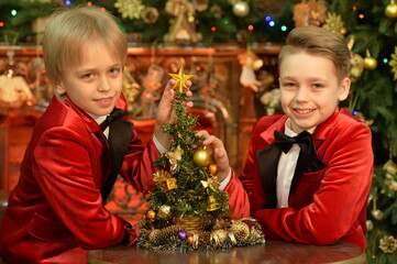 Portrait of little boys posing with Christmas tree