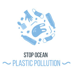 Plastic garbage in circle. Environmental issue or ecology problem of marine pollution, rubbish in sea after Coronavirus pandemic. Single use trash, latex glove and mask. Vector flat illustration. 