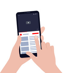 hand presses a smartphone with a video player to the screen. Hands hold a smartphone on an isolated white background. Vector flat illustration.