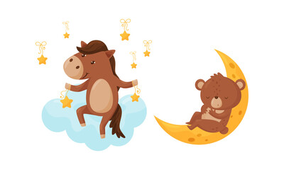 Horse Holding Stars and Bear Sleeping on Crescent Moon Vector Set