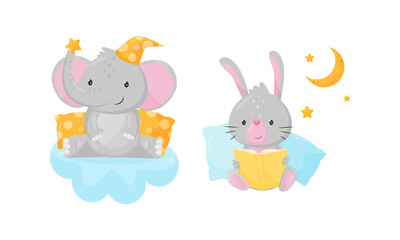 Elephant in Bed Cap Sitting on Soft Cloud and Hare Reading Book Vector Set