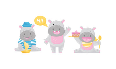 Obraz na płótnie Canvas Funny Hippopotamus Eating Cake and Greeting Waving Paw Vector Set