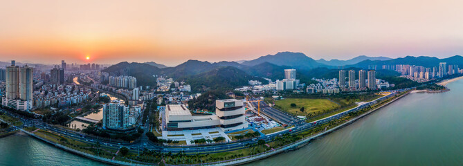 Aerial photography of Zhuhai coastline city scenery and sunset