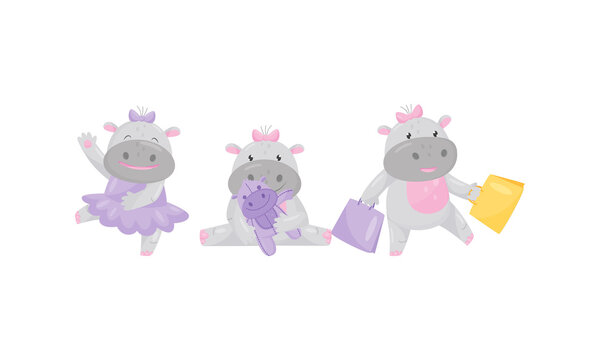 Funny Girl Hippopotamus Wearing Bow on Her Head Dancing and Playing with Doll Vector Set
