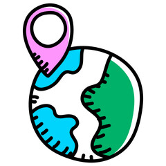 
Location pin with globe denoting hand drawn icon of map locator 
