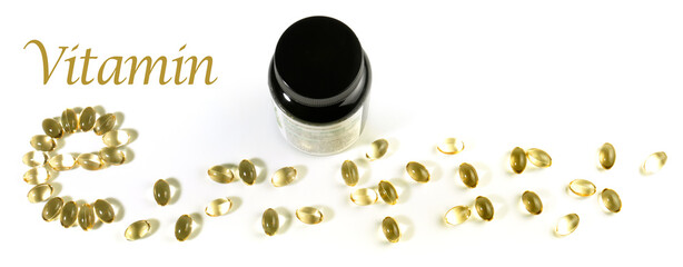 Vitamin E Supplements Panorama isolated on white Background