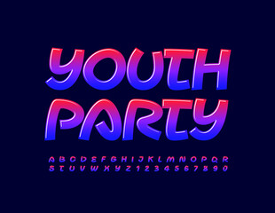 Vector event flyer Youth Party. Creative bright Font. Gradient color Alphabet Letters and Numbers set