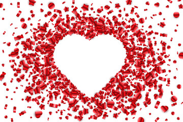 Heart shape vector red candy confetti sprayed with white heart frame inside. Scattered lollipops on white background with heart frame