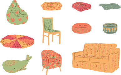 Set, collection of hand drawn cosy soft places. Colored with decorations. Vector illustration.
