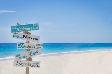 Sign on the beach. Summer concept.