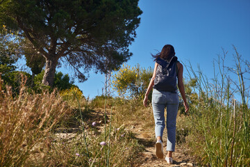 An on-the-move young lady walking up a mountain