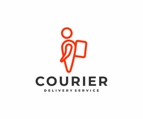 Delivery man courier with backpack logo design. Map point person delivery express vector design. Logistics and shipping logotype