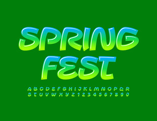 Vector bright Emblem Spring Fest. Handwritten Glossy Font. Playful  Alphabet Letters and Numbers 