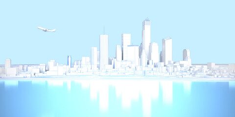low poly white plain cityscape with shore and airplane