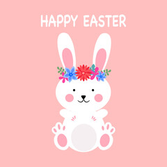 Rabbit with decorative flowers in flat design on pink background. Happy Easter concept.