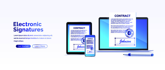 Electronic contract or digital signature concept in vector illustration. Signing an electronic contract online by phone. Website template or web page layout.