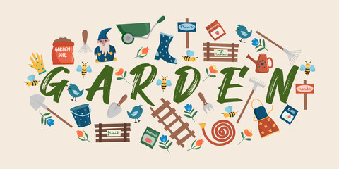Garden set in trendy color. Orhard collection with garden tool and equipment, work clothes, decor elements, flowers and plants, birds and bees. Flat vector illustration.
