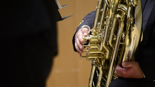 A musician played the tuba instrument at a live concert. A musician playing the tuba
