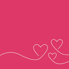 Continuous line three hearts, pink vector minimalist illustration of love concept background, valentine's day