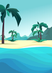 Ocean coast with palms and mountain. Natural landscape in vertical orientation.