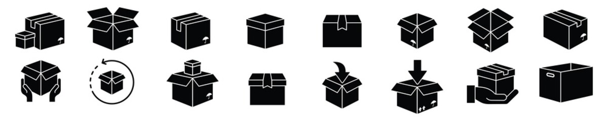 Box icon set in flat style, delivery box, Package, export boxes, cargo box, return parcel, gift box, open package, Shipment of goods, vector illustration