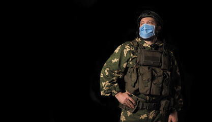 Soldier with face mask . Concept Social distance. Covid-19