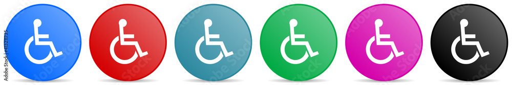 Poster Wheelchair vector icons, set of circle gradient buttons in 6 colors options for webdesign and mobile applications
