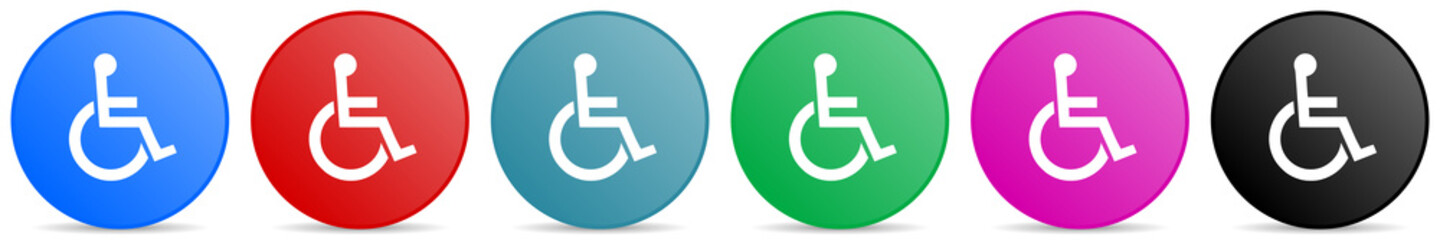 Wheelchair vector icons, set of circle gradient buttons in 6 colors options for webdesign and mobile applications