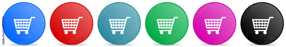 Aufkleber shopping cart, shop, trolley vector icons, set of circle gradient buttons in 6 colors options for we