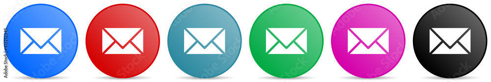 Poster Email, envelope vector icons, set of circle gradient buttons in 6 colors options for webdesign and mobile applications
