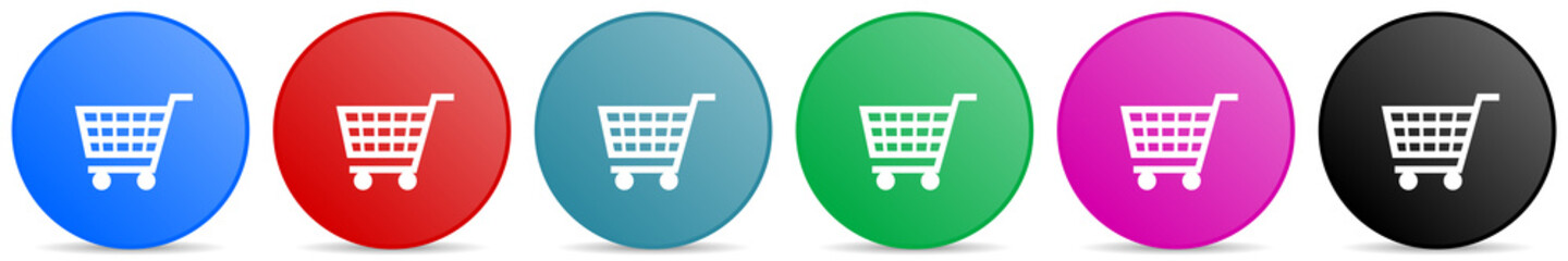 Shopping cart, shop, trolley vector icons, set of circle gradient buttons in 6 colors options for webdesign and mobile applications