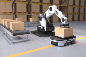 The Robot arm picks up the box to Autonomous Robot transportation in warehouses, Warehouse...