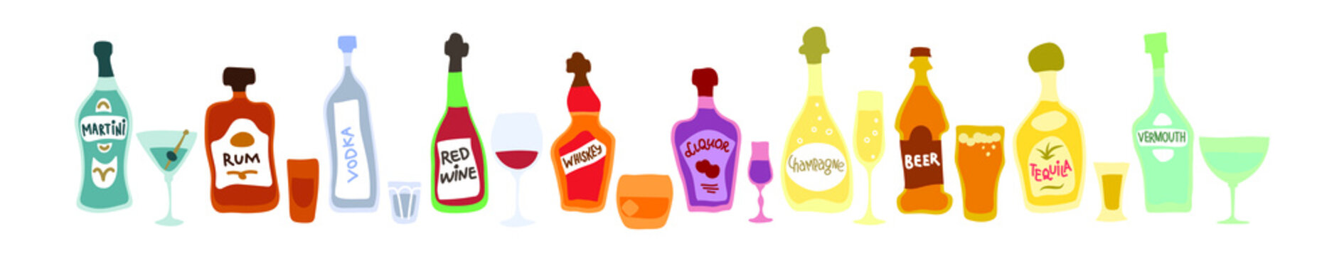 Collection bottle and glass in row. Freehand doodle style on white background. Colored cartoon sketch. Hand drawn image. Beer champagne red wine liquor vodka martini vermouth whiskey rum tequila.