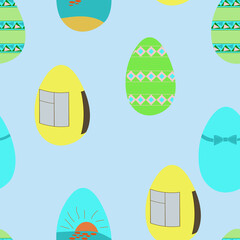 An illustration pattern isolated on light blue background made of colored eggs with different ornaments. Designed for prints, textile, wraps, background for adults and kids.