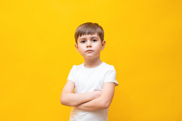 little fair-haired brown-eyed boy 5-6 years old in a stylish white polo shirt, arms folded on his chest, isolated on a yellow wall background, childrens studio portrait