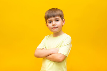 blond-haired brown-eyed boy 5-6 years old in a stylish green T-shirt, arms crossed on his chest, isolated on a yellow wall background, children's studio portrait