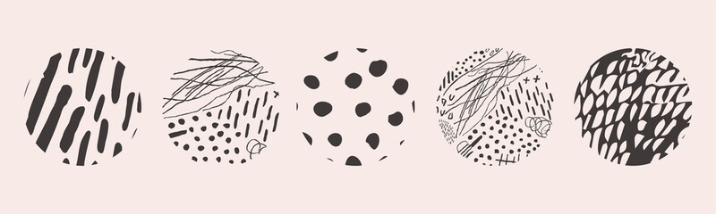 Hand drawn set with round isolated abstract black patterns or backgrounds