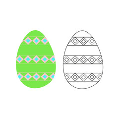 A vector illustration of two ornamented eggs isolated on white background. One egg is colored, another is black and white. Designed as a coloring book page for adults and kids.