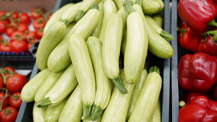 Fresh healthy zucchini, tomato, peppers For Sale At Market