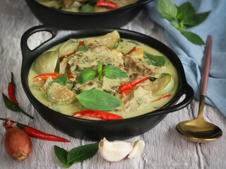 Closeup of bowl of Thai traditional green curry with lamb and eggplant with spices and its ingredients such as shallot, garlic,sweet basilic and red chili.The flavor base is curry paste&coconut milk  