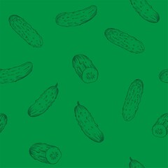 Cucumber outline. Seamless pattern. Hand drawn vector sketch. Black on transparent background