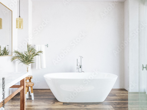 Download Poster Wall Mockup In White Cozy Bathroom Interior Background 3d Render Wall Mural Artjafara