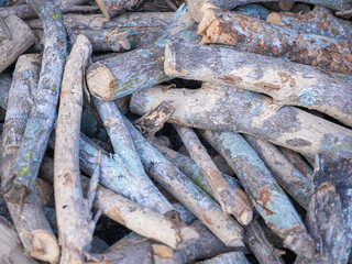 A pile of firewood stacked and prepared for use heating cooking, and heating in winter. Full frame photo