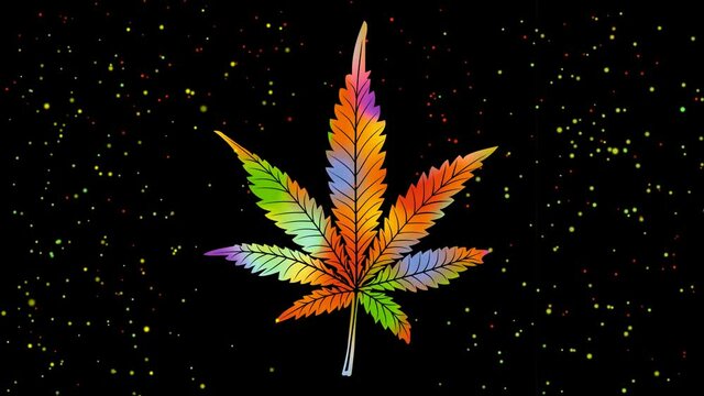 Multicolored leaf of cannabis floating on a black background filled with multicolored flackering dots. Marijuana hallucinations, warnings against the use of narcotics and drugs. 4k video