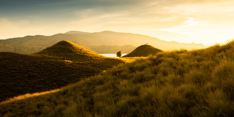 beautiful landscape of Padar Island and Gili Lawa Island in the sunset time. Both of the islands located in komodo islands in labuan Bajo Indonesia. This is also the UNESCO international heritage.  © alfin