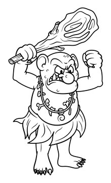 Line art illustration of angry fantasy ogre with a stick club in cartoon style. Image for kids and children coloring book or page. Unpainted outline drawing on white background. Mascot character.