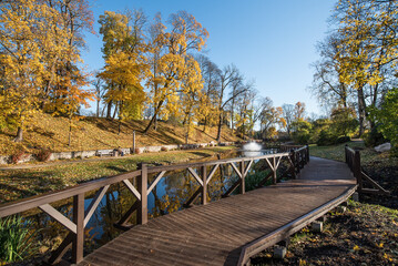 View to the park with fountain, Kuldiga, Latvia