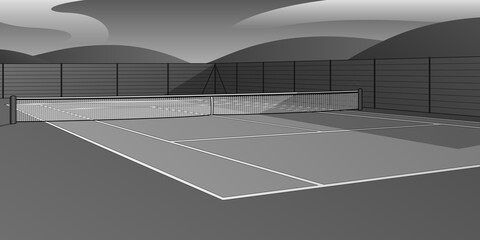 Illustration of tennis court. Grayscale image of playing ground for sports outdoors. Background image of modern badminton field with net in the middle. 
