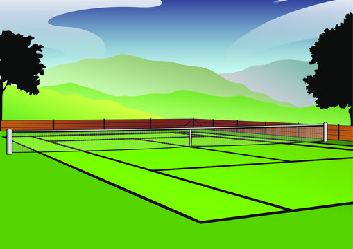 Illustration of tennis court with hills and mountains in background landscape. Image of playing ground for sports outdoors. Background image of modern badminton field with net in the middle. 